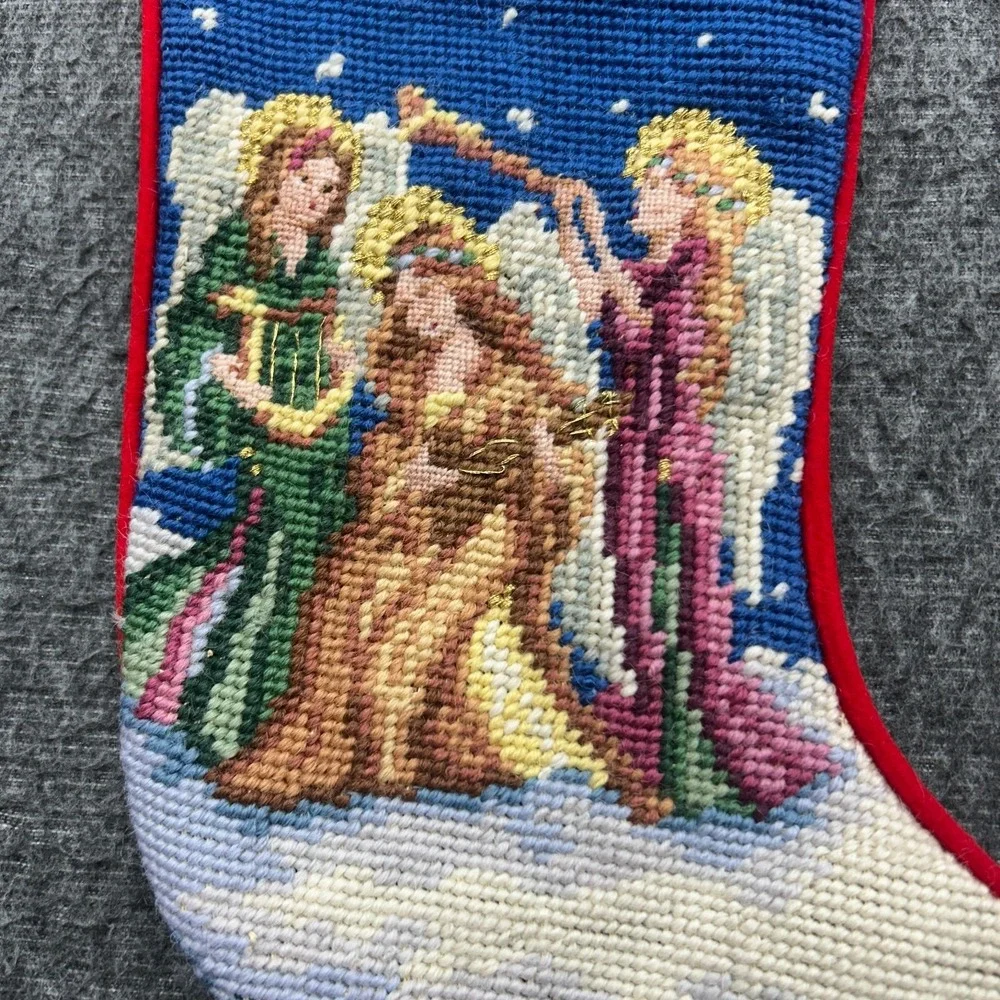 Vintage Christmas Needlepoint Angel Stockings Lined Inside Velvet Backing Set